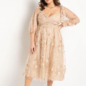 Eloquii Ruched Bodice Novelty Sequin Dress Celestial Gold Stars and Moons NWT